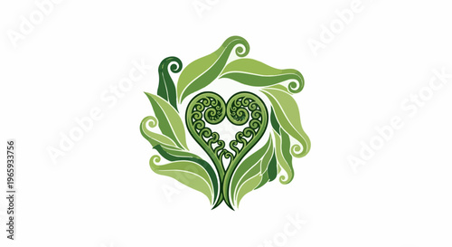 A stylized green heart-shaped fern frond is surrounded by swirling leaves
