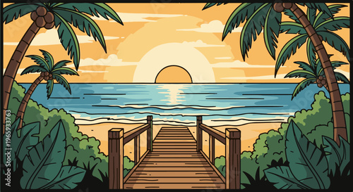Wooden pier leads to a serene beach with palm trees and a vibrant sunset over the ocean