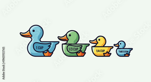 Four stylized ducks, each a different size and color, represent cup measurements for cooking