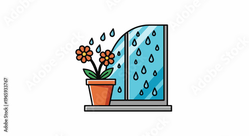A potted plant with flowers sits by a window as rain falls outside