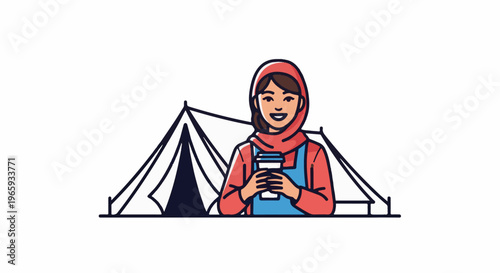 Cheerful person in hijab and overalls holding a cup in front of a tent