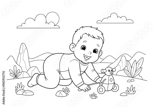 Cute baby crawling on the grass and playing with a toy car, coloring page for kids, vector illustration, outline, cartoon style