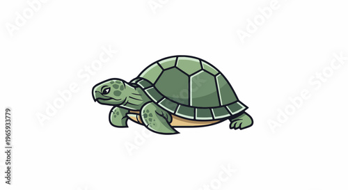 A cartoon tortoise with a patterned shell walks slowly