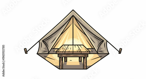 A beige canvas tent with a wooden table inside, illuminated by warm interior light