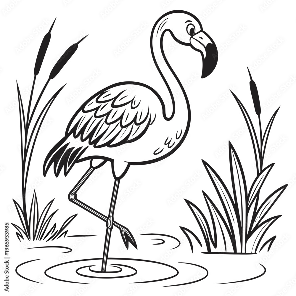 Fototapeta premium Cute cartoon flamingo standing in water with tall reeds and grass, an adorable outline drawing for children's coloring books and animal themes