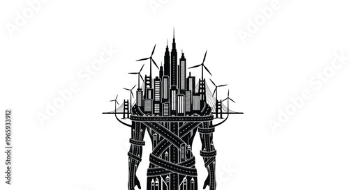 Abstract illustration of a city skyline shaped like a human body, featuring skyscrapers, wind turbines, and highway roads, symbolizing urban development, infrastructure, and modern city life