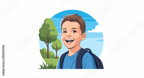 Joyful boy with backpack smiles while walking outdoors near trees under a blue sky
