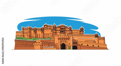 Ornate amber fort with intricate details, minarets, arches, and battlements under a blue sky