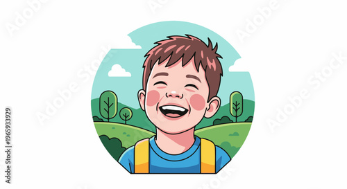 Cheerful boy laughing outdoors with a backpack