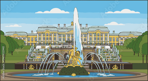 Ornate golden sculptures at the base of a grand fountain, with a palace and gardens