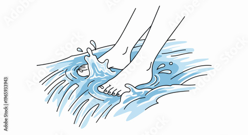 Two bare feet stepping into splashing blue water, creating ripples and waves