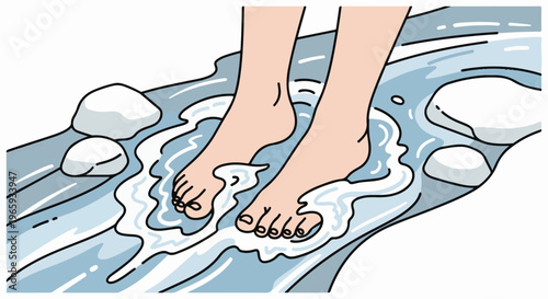 Bare feet stepping into a shallow, rocky stream with flowing, cool blue water