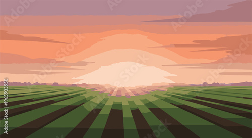 Pixelated scene of a vibrant sunset over cultivated green fields under a gradient sky