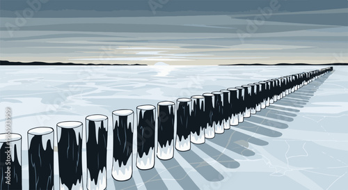 A line of wooden posts emerges from a frozen expanse under a cloudy sky