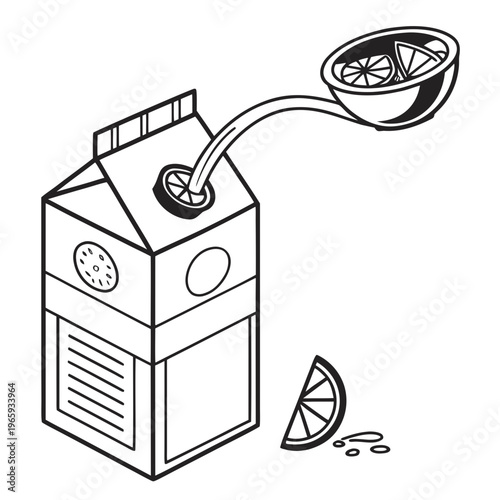 Minimalist isometric line art drawing of orange juice carton with citrus slices flowing into packaging, a fresh beverage concept