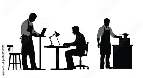 Silhouettes of people working in a coffee shop, including a barista using a laptop, a customer sitting at a table with a computer, and a barista operating an espresso machine