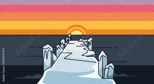 Stylized icy path leads toward a vibrant sunset over dark, choppy waters
