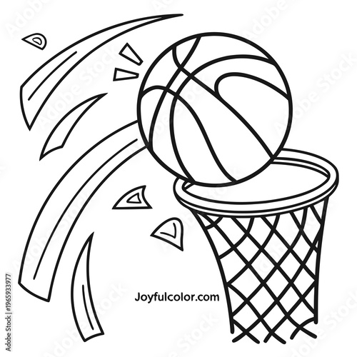Basketball soaring into net during exciting game vibrant motion lines capture athleticism and winning spirit joyfultocolor.com