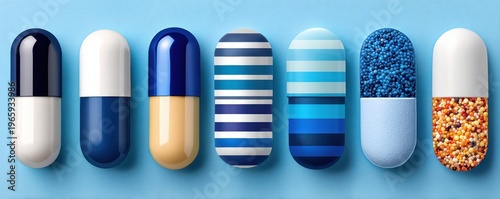 Row of blue and white capsules and colorful pills on a clean light-blue background
