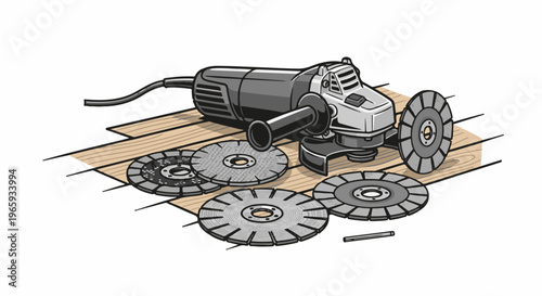 Grinding tool with various cutting discs on wooden planks