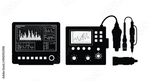 Industrial diagnostic equipment and sensors, ultrasonic flaw detector, industrial monitoring system, nondestructive testing tools, vector illustration