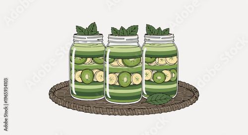 Three glass jars filled with layered kiwi and banana slices, topped with mint leaves