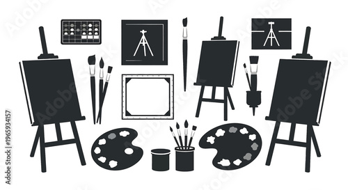 Set of art supplies for painting, including easels, canvases, paintbrushes, palettes, and paint containers, flat vector illustration