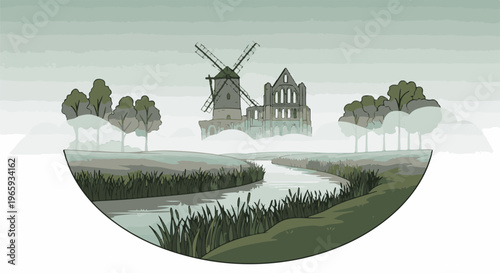 Misty river landscape with an old windmill and ruined building