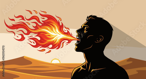 Silhouette of a man breathing fire in a desert at sunset