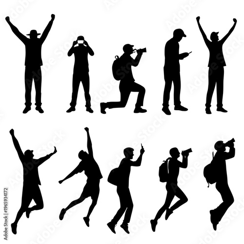 Set of ten black silhouettes depicting various male poses including cheering, photographing, taking videos, and jumping