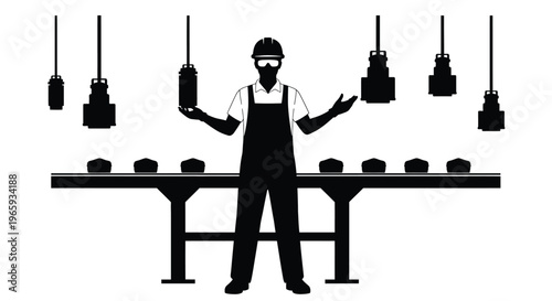 Silhouette of a factory worker in a hard hat and overalls standing in front of a conveyor belt with products and hanging industrial lamps