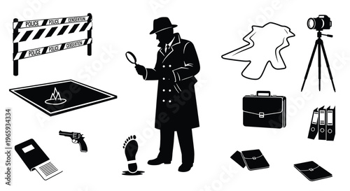 Detective investigation icons set, crime scene elements including investigator with magnifying glass, police tape, gun, footprint, camera, briefcase and files