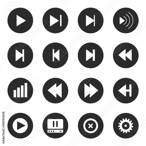 User interface media player button collection with dark circular icons for play pause skip fast forward rewind volume bar settings and close tools