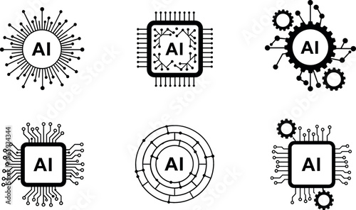 AI Processor Chip Icon Set with Circuitry, Gears, and Network Symbols for Artificial Intelligence, Technology, and Digital Innovation