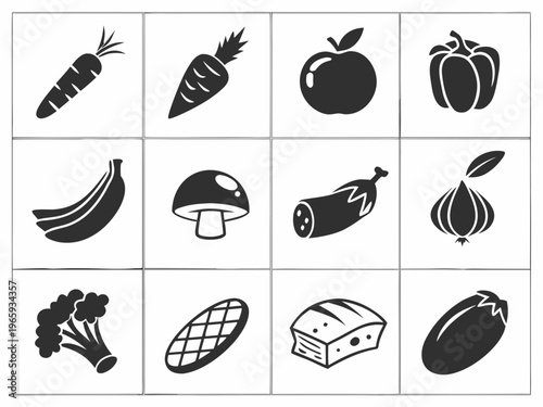 Vegetable and fruit healthy food icons set isolated on white background, design elements for natural nutrition concepts and healthy eating habits