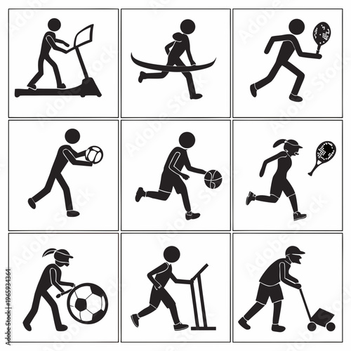 Set of stick figure icons depicting various sports and recreational activities performed by people black silhouettes on white background