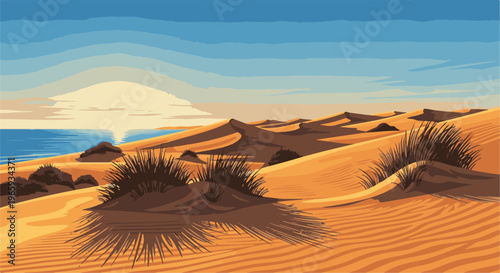 Pixel art desert landscape with dunes, sparse vegetation, and distant ocean at sunrise