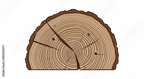 A cross-section of a tree trunk displays distinct growth rings and bark, with visible cracks