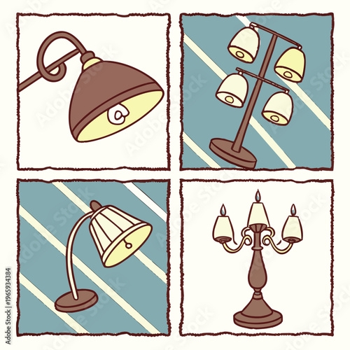 Set of cartoon lamps with cozy warm light various styles desk table floor and chandelier type lights interior decor elements