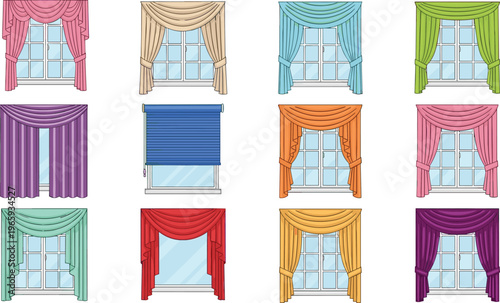 Set of colorful vector window curtains and elegant drapery styles featuring swags jabots and roller blinds for interior design icons home decor and textile illustrations