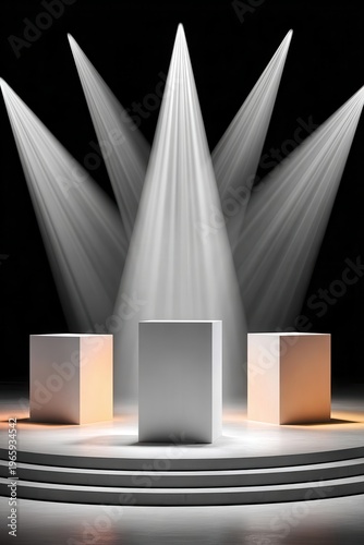 Three podiums on a stage illuminated by dramatic spotlights for awards or presentation