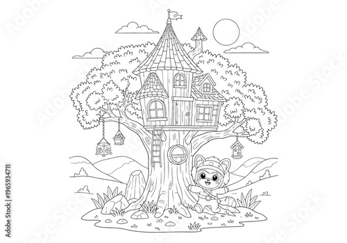 Coloring page for children with a cute cartoon raccoon in a costume standing in front of a magical treehouse in the forest, vector illustration, black and white outline for coloring book
