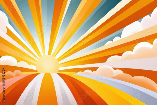 Colorful retro sunrise with radiant sun rays over stylized horizon evoking hope and optimism