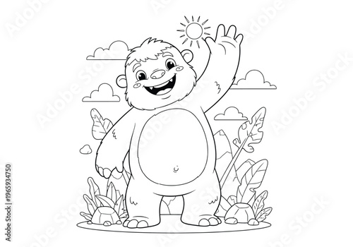 Cute cartoon yeti waving hello, happy bigfoot character in a jungle landscape with plants, mountains, and sun, coloring page for kids