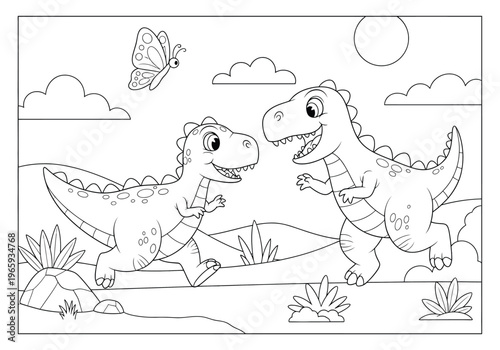 Cute cartoon dinosaurs playing in the prehistoric landscape, coloring book page for kids, vector illustration