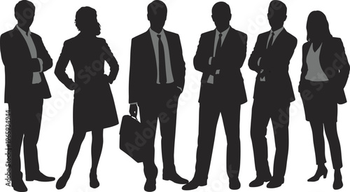 Group of professional business men and women silhouettes wearing suits and holding briefcase standing together in confident poses isolated on white background for corporate leadership