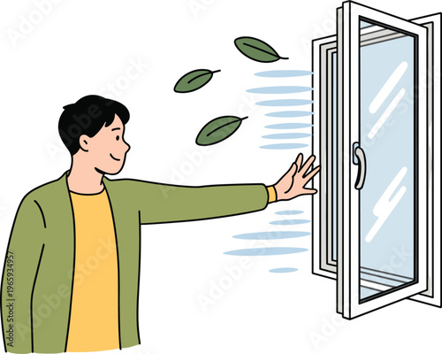 Man opening window to let fresh air and green leaves into room for better ventilation and home comfort
