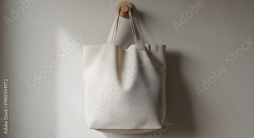 Minimalist off-white reusable canvas tote bag hanging on a wooden wall hook, showcasing its sustainable and eco-friendly design perfect for branding or everyday errands