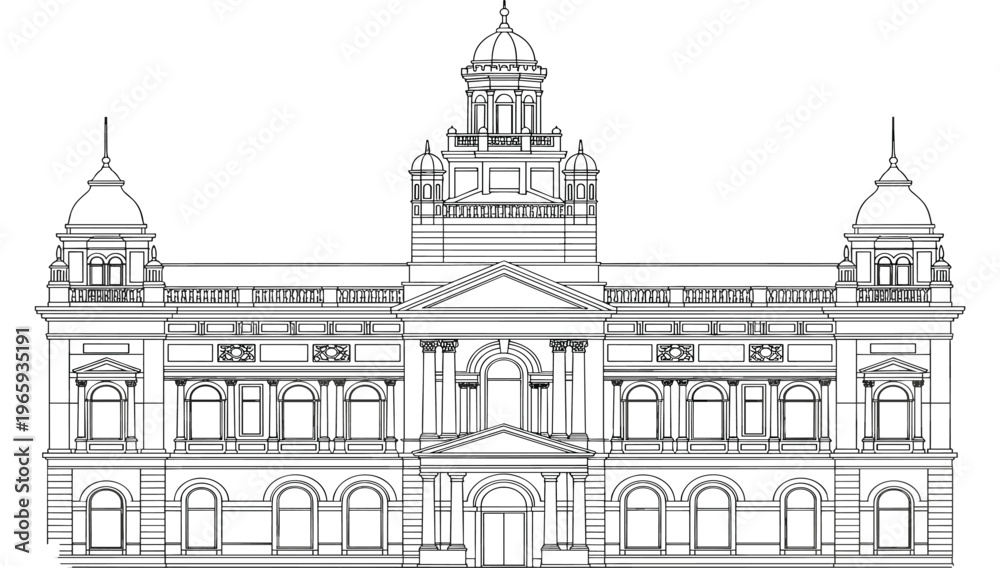 Obraz premium Intricate architectural line art illustration of a historic government building or museum facade featuring classical domes and ornate windows for travel and history concepts.