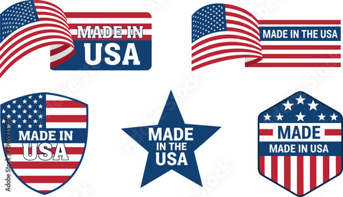 Set of professional Made in USA vector labels and badges featuring American flag ribbons, shield, star, and hexagonal icons for product packaging and marketing.